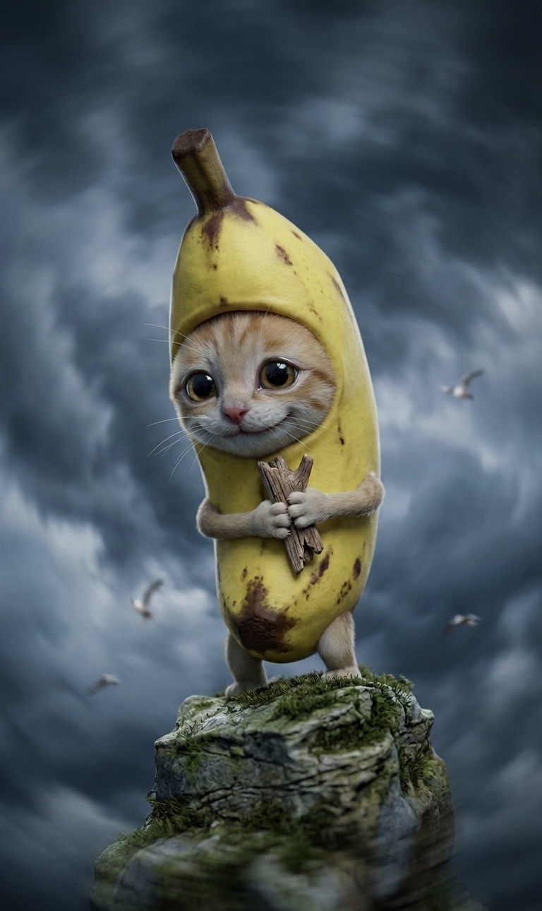 Bibi Labu banana warrior cat standing alone on a storm-battered cliff top, clutching a wooden staff, staring down the tempest without flinching